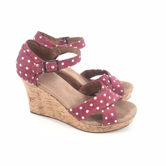 Toms Polka Dot Cork Wedge Sandals Size 8 Burgundy Red White Summer Casual - Picture 1 of 9